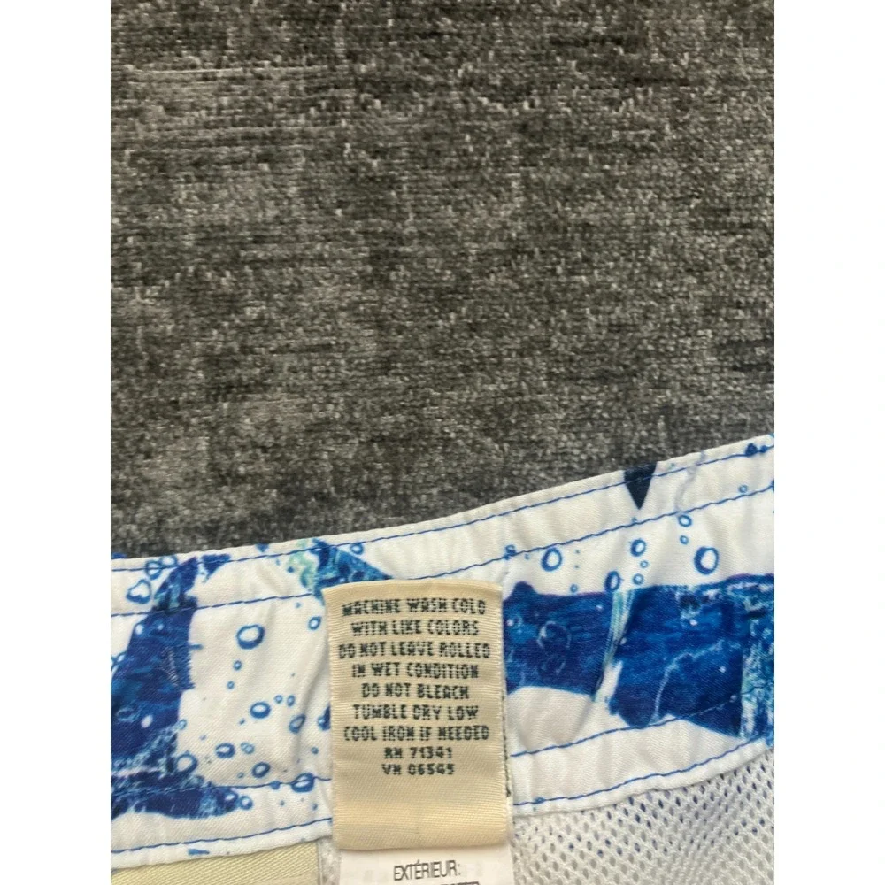 L.L. Bean Swim Trunks Boys 18 White Blue Shark Print Beach Wear Drawstring Waist